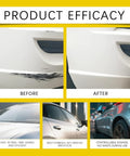 Before and after photos showing results of No Hassle Auto Scratch Remover And Swirl Polish Kit on car paint scuffs.