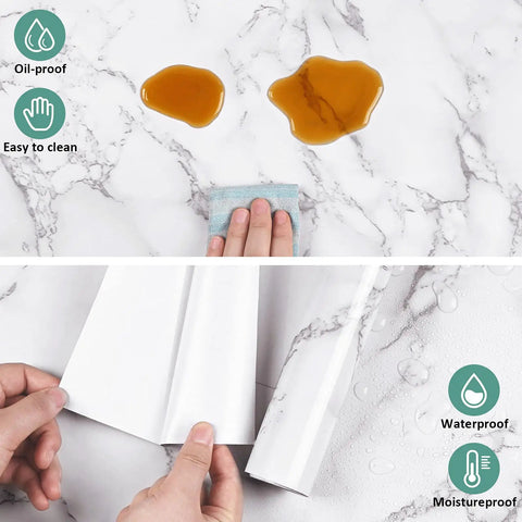 White Grey Marble Peel And Stick Contact Paper 24 Inch By 394 Inch Glossy Self Adhesive Marble Wallpaper showing oil and water resistance