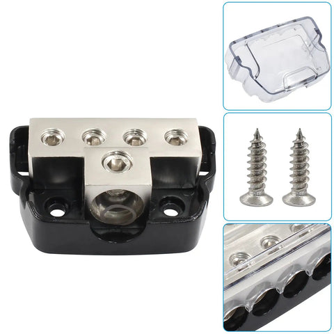 Four Way Amp Power Distribution Block For Car Audio Rig Wiring With One Input And Four Output Terminals, Supports 0 2 4 AWG In And 4 8 10 AWG Out, Beefy Heavy Duty Power Splitter For Clean Reliable Audio Power, alloy body with cover and screws