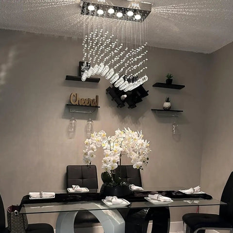 Modern Wave Rectangular Crystal Raindrop Chandelier With Chrome Finish Flush Mount Pendant Lighting in dining room