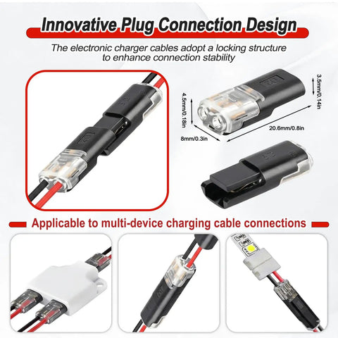 No-Strip Quick Connect Wire Connectors 50Pcs 2Pin Set With Locking Buckle for LED strip lights, showing locking mechanism and dimensions