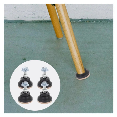 Heavy Duty Adjustable Leveling Feet For Furniture 16 Piece Set installed on a wooden chair leg with rubber base shown in detail
