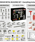 3 In 1 Metal Construction Kit With 273 Parts Tower Crane Frame Crane Windmill Model Set for Boys Ages 8 12 shown with parts inventory