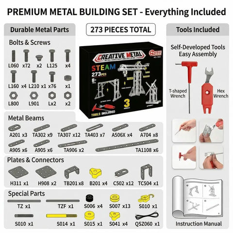 3 In 1 Metal Construction Kit With 273 Parts Tower Crane Frame Crane Windmill Model Set for Boys Ages 8 12 shown with parts inventory