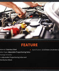 Adjustable Proportioning Valve And Distribution Block Drop In Kit With Stainless Steel 3 16 Brake Line Fittings and Light Switch Wiring Pigtail installed in a car engine bay.