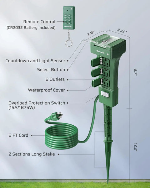 Rugged-as-Nails Outdoor Power Stake Timer with Six Heavy-Gauge Outlets, Wireless Remote Control, dimensions and features labeled.