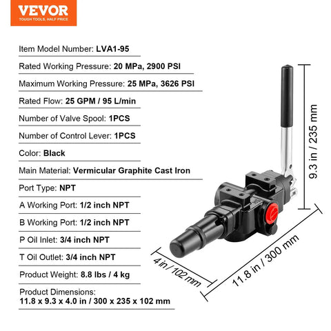 1 Spool Hydraulic Log Splitter Valve With 25 GPM Flow And 3626 PSI, Joystick Directional Control Loader Valve displayed with specifications