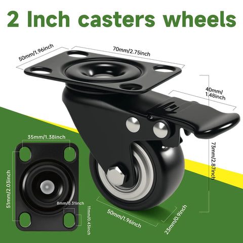2 inch heavy duty caster with swivel plate, designed for moving furniture carts and workbenches with secure locking brakes.