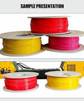 Sleek Desktop 3D Filament Extruder And Auto Coil Winder Churning Out Five Hundred Grams An Hour With Adjustable Four Hundred Degree Heat To Recycle PLA CF PETG CF And PA CF showing colorful filament spools.
