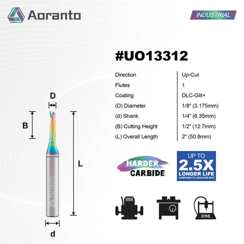 Diagram of a One Eighth Inch Diameter Up Cut Spiral CNC Router Bit With One Quarter Inch Shank In Solid Carbide, showing dimensions and features.