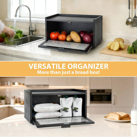 Big Ol Stackable Pine Wood Bread Box With Patterned Acrylic Door For Kitchen Countertop Vintage Style Bread Bin Pantry Organizer For Sourdough Bagels And Snacks Easy Assembly Black displaying vegetables and grains on a kitchen counter.