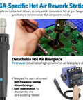 Close-up of hot air rework station in use, hand holding tool over PCB, featuring detachable handpiece and digital display