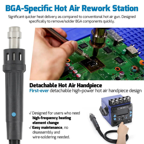Close-up of hot air rework station in use, hand holding tool over PCB, featuring detachable handpiece and digital display