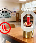 Top Tier Two Pack Pendent Fire Sprinkler Heads Built Hella Solid Featuring Half Inch Npt American Threads For Straightforward Residential Or Commercial Jobs Ul Cul Fm Certified Gear You Want on a table with red bulb and certified logos.