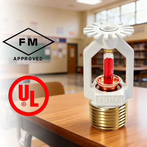 Top Tier Two Pack Pendent Fire Sprinkler Heads Built Hella Solid Featuring Half Inch Npt American Threads For Straightforward Residential Or Commercial Jobs Ul Cul Fm Certified Gear You Want on a table with red bulb and certified logos.