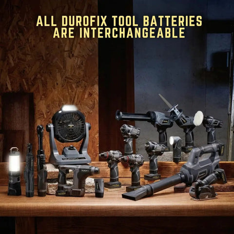 Durofix tools collection displaying cordless ratchet, fan, light, drill; all compatible with interchangeable batteries.