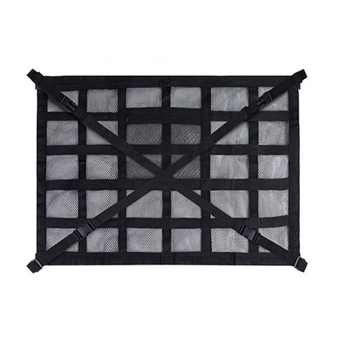 Extra Large Car Ceiling Cargo Net With Reinforced Mesh for Overhead Storage, showing black mesh and adjustable buckle straps