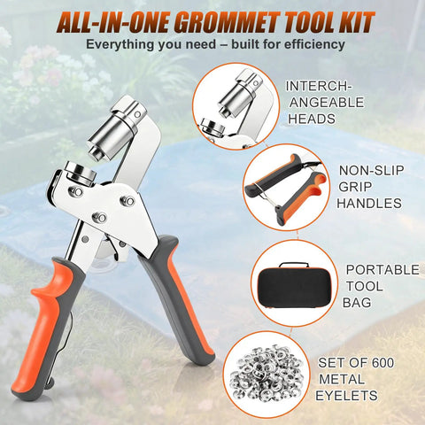 Pro Grade Complete Three Size Grommet Tool Kit with Dies for One Quarter, Three Eighths, and One Half Inch Grommets, Includes 600 Silver Grommets Eyelets for Tarps, Tents, Awnings, Curtains, Flags, and Banners showing tool, grip handles, and metal eyelets.