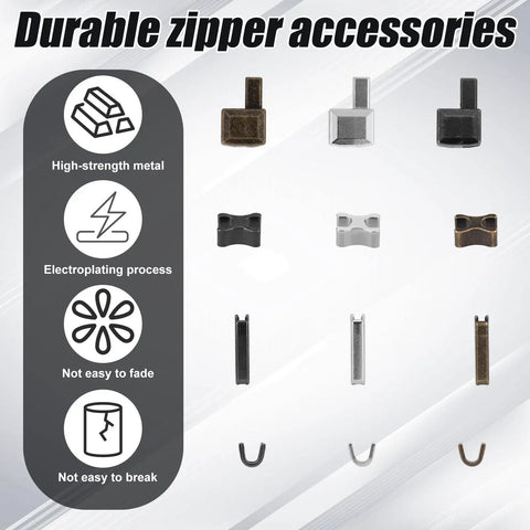 Ultimate Zipper Repair Kit With 61 Pieces Including Four Zipper Insertion Pins In Sizes 3 5 8 10 Latches Top And Bottom Stops Plus Pliers