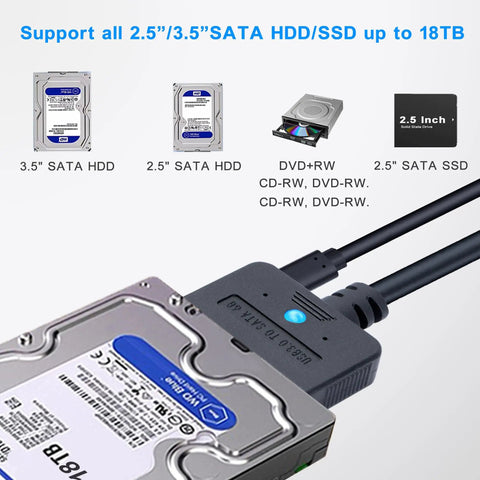 Plug And Play Dual Port USB A And Type C SATA HDD SSD To USB Adapter With 30W Power, shown with 3.5-inch SATA HDD
