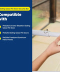 Sliding Glass Pet Door Security Bar Lock No Fuss Easy Install Adjustable Up To 28 Inches Fits Sliding Glass Doors Up To 72 Inches Wide Compatible With Most Pet Doors shown being installed by hand.