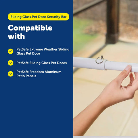 Sliding Glass Pet Door Security Bar Lock No Fuss Easy Install Adjustable Up To 28 Inches Fits Sliding Glass Doors Up To 72 Inches Wide Compatible With Most Pet Doors shown being installed by hand.