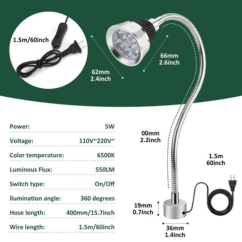 LED Work Light With Flexible Gooseneck And Magnetic Base For Workbench And Tools dimensions diagram.