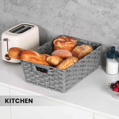 Large Woven Storage Baskets With Metal Frame Set Of 2 Waterproof And Washable 15 By 10.3 By 5.2 Inches Grey Durable Organizer in kitchen