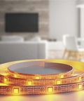 Close-up of Smart Multicolor LED Light Strip 6.5 Feet with App Control and Dimmable Color Changing Lighting on table