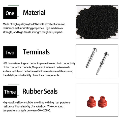 Heavy Duty 14AWG Waterproof Weather Pack Wire Harness Connector Kit With 3 Sets Of 2 Pin Connectors Pre Crimped 10cm Tinned Copper Leads PA66 Nylon Housing 0.24 Inch Hole Operating From Minus 40C To 125C, PA66 parts and terminals