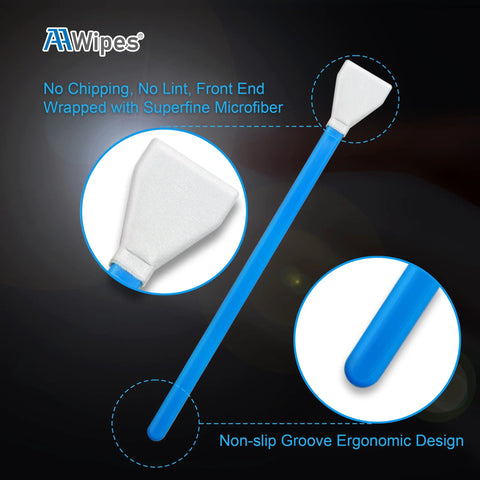 Blue-handled AAWipes sensor cleaning swab with white microfiber tip; front and side views for APS-C DSLR cameras