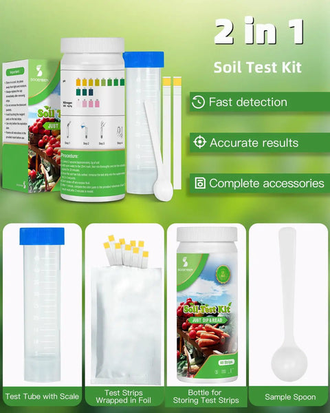 Two In One PH And Nitrogen Soil Test Kit For Home Gardens And Lawns with test tube, sealed foil strips, and spoon