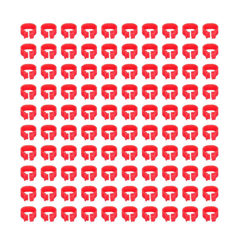 100 Pack 8mm Plastic Bird Leg Bands For Pigeons And Small Birds, No Fuss Clip Reusable Poultry Leg Rings, arranged in rows, red color