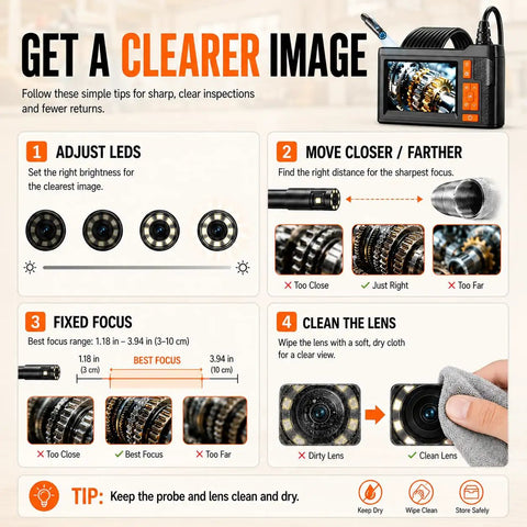 Dual Lens Borescope With 32GB Card, 4.3 Inch Endoscope Camera With Light, 1080P Photo And Video, 16.4ft SemiRigid Inspection Snake, No Apps Needed, IP67 Waterproof For Automotive Engine And HVAC close-up tips graphic