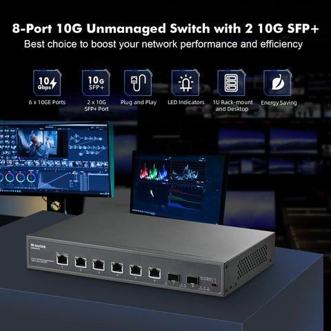 Beefy 8-Port 10Gbps Ethernet Switch With Dual 10G SFP Plus Slots And 6 x 10G RJ45 Ports Unmanaged Plug and Play Desktop