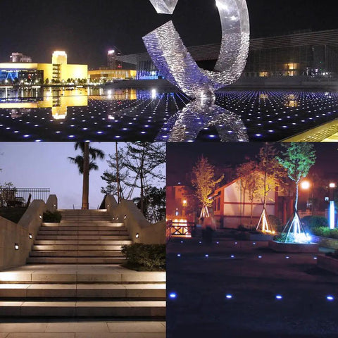 Outdoor scene with 16 Pack Recessed LED Deck Lights 32mm Step Lights illuminating stairs and pathways, creating a modern look.