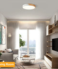 Modern LED Ceiling Light With Wood Flush Mount Design in living room, circular 15.8 inch, acrylic lampshade, neutral white 4000K light
