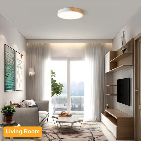 Modern LED Ceiling Light With Wood Flush Mount Design in living room, circular 15.8 inch, acrylic lampshade, neutral white 4000K light