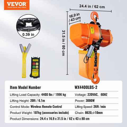 2 Ton Wireless Electric Chain Hoist With 4400 Lbs Capacity 20 Ft Lifting Height IP54 Protection Three Phase Overhead Crane