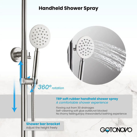 Stainless Steel Shower Faucet Set Wall Mounted With All In One Triple Function System 8 Inch Rainfall Shower Head Handheld Spray Brushed Nickel Finish shown handheld spray detail
