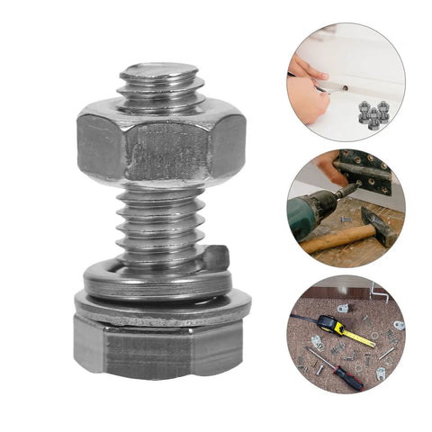 Close-up of 20 Piece M6 Stainless Steel Hex Bolts And Nuts Kit With 16mm Thread Length, showing the bolts, washers, and tools in use