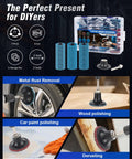 77 Pack 2 Inch Zirconia Sanding Discs With 1 Quarter Inch Roll Lock Quick Change System shown with usage examples for grinders.