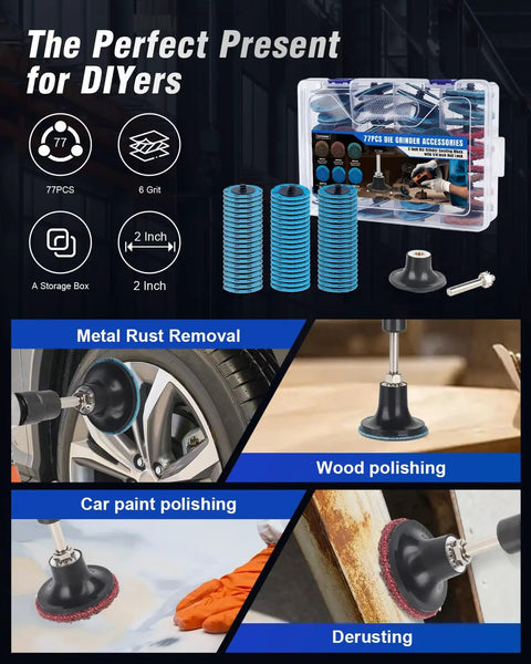 77 Pack 2 Inch Zirconia Sanding Discs With 1 Quarter Inch Roll Lock Quick Change System shown with usage examples for grinders.