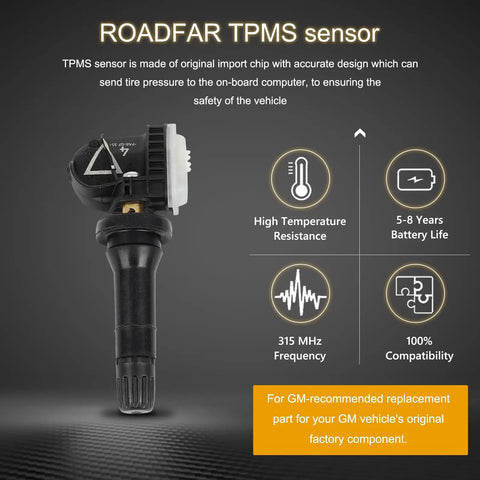 Rock Solid 315MHz TPMS Sensor compatible with GM vehicles featuring high temperature resistance and easy installation.