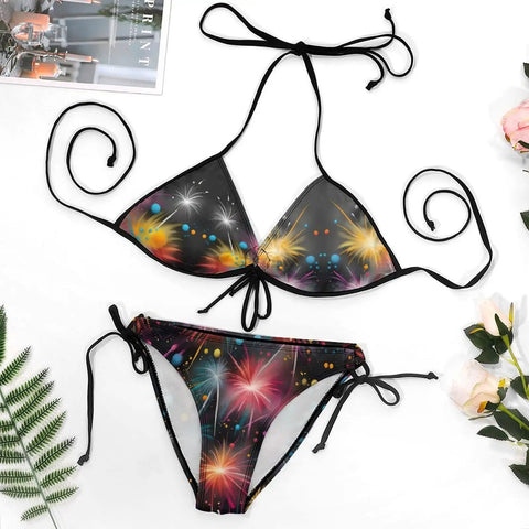 Womens Two Piece Bikini Swimsuit with Dazzling Fireworks Color, Breathable Quick Dry Fabric, Adjustable Straps and Side Ties, 2XL