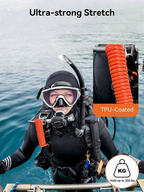 Diver using Heavy Duty Scuba Diving Lanyard With Clip, Stainless Steel Spring Coiled Orange Lanyard attached to gear