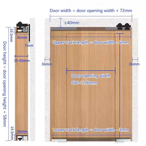 Slick Hidden Track Sliding Door Hardware With Invisible Floor Rail For Bedrooms And Bathrooms Featuring Soft Close Mechanism and dimensions diagram.
