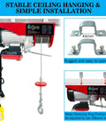 Heavy Duty 1760 Lbs Electric Hoist Winch With Dual Wired And Wireless Remote Controls Featuring Smart LED Status Light For Garage Warehouse Jobs Or Factory Lifts Offering 33 To 65 Feet Height Coverage, showcasing installation components.