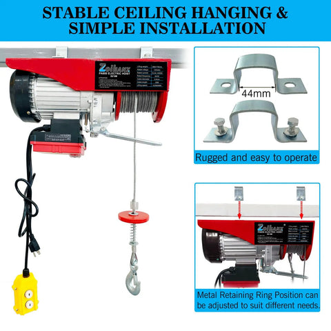 Heavy Duty 1760 Lbs Electric Hoist Winch With Dual Wired And Wireless Remote Controls Featuring Smart LED Status Light For Garage Warehouse Jobs Or Factory Lifts Offering 33 To 65 Feet Height Coverage, showcasing installation components.