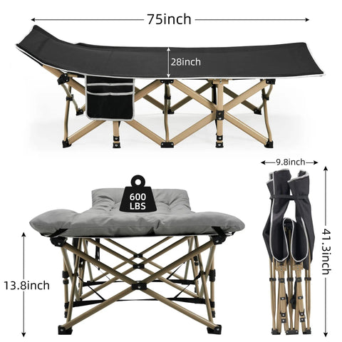 Portable Camping Cot With Thick Mattress, Extra Wide Design, 75x28 inches, foldable, gray with 600 lbs weight label.